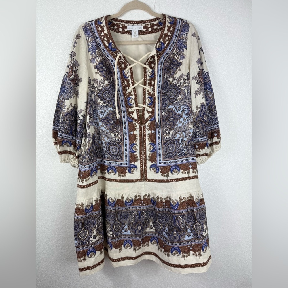 HOUSE OF HARLOW 1960 Linen Oversized Bohemian Peasant Paisley Dress Woman size M
